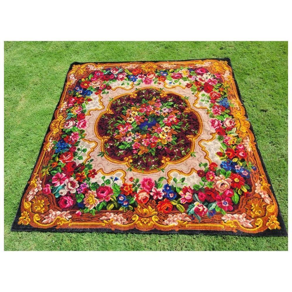 Antique 1930's Bright Floral Woven Carpet Rug Bedspread Couch Cover